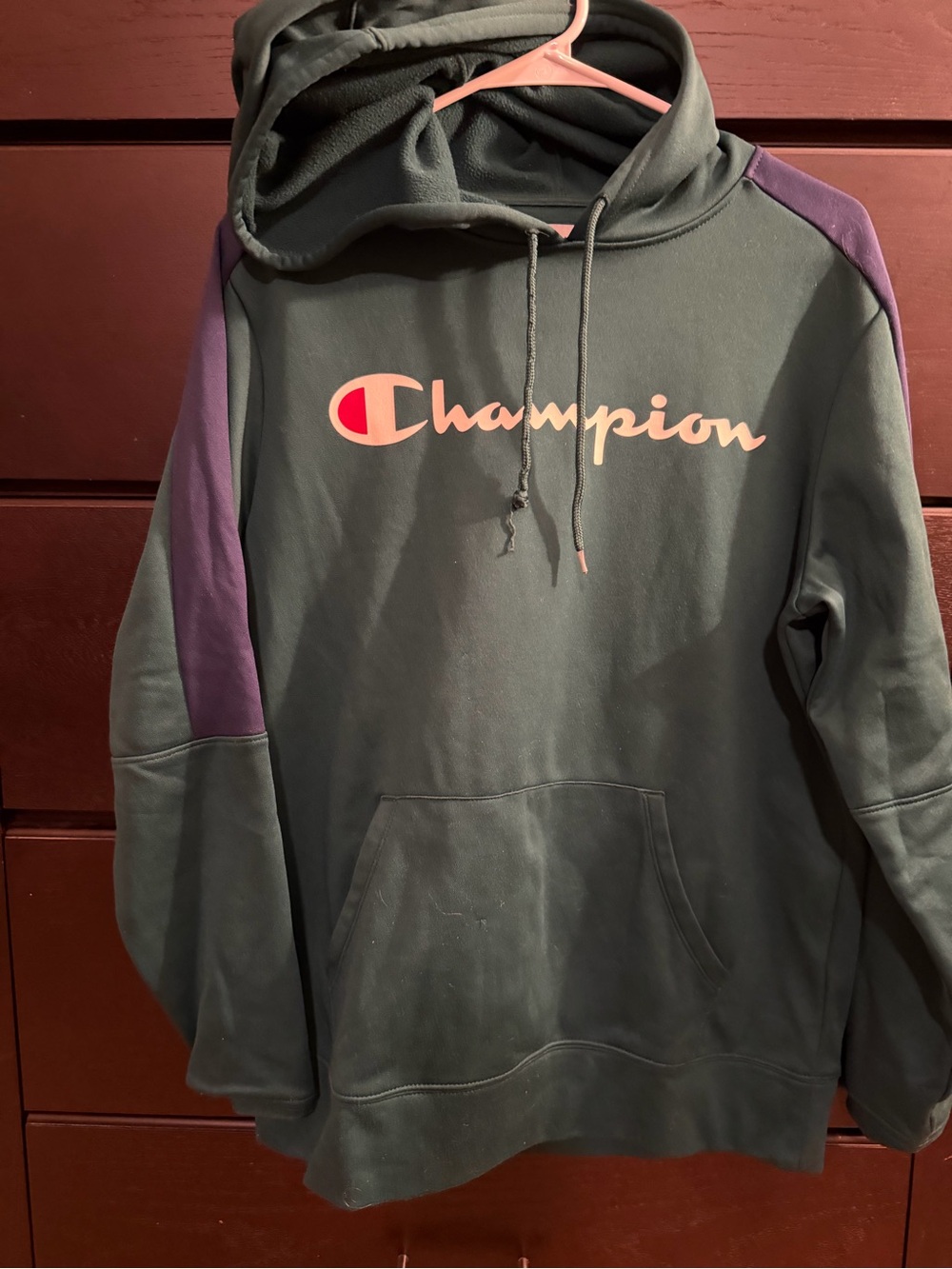 Champion Men's Dark Green Pullover Hoodie with Purple Shoulder Panels